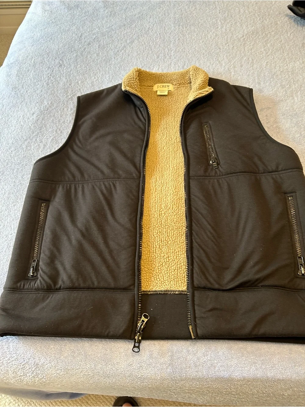 J. Crew Black Men’s Sherpa-Lined Zip Vest with Cream Collar